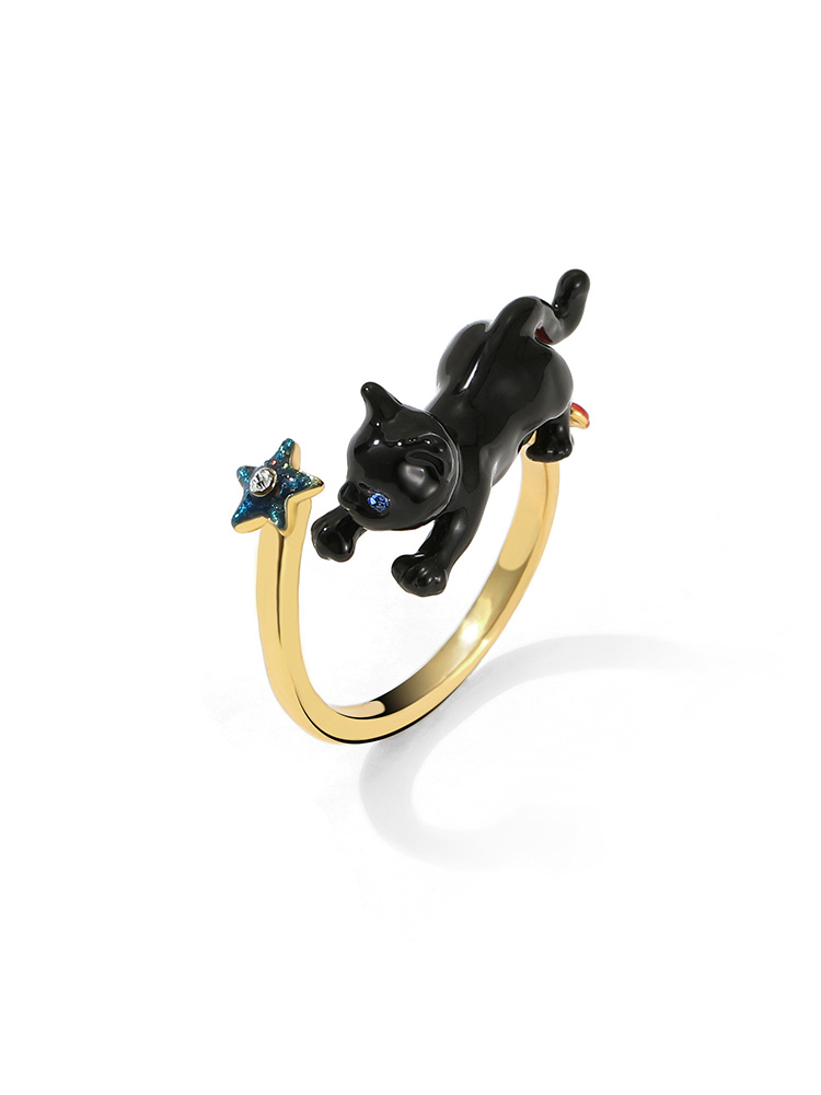 Black Cat Kitty Kitten And Star Enamel Adjustable Ring
