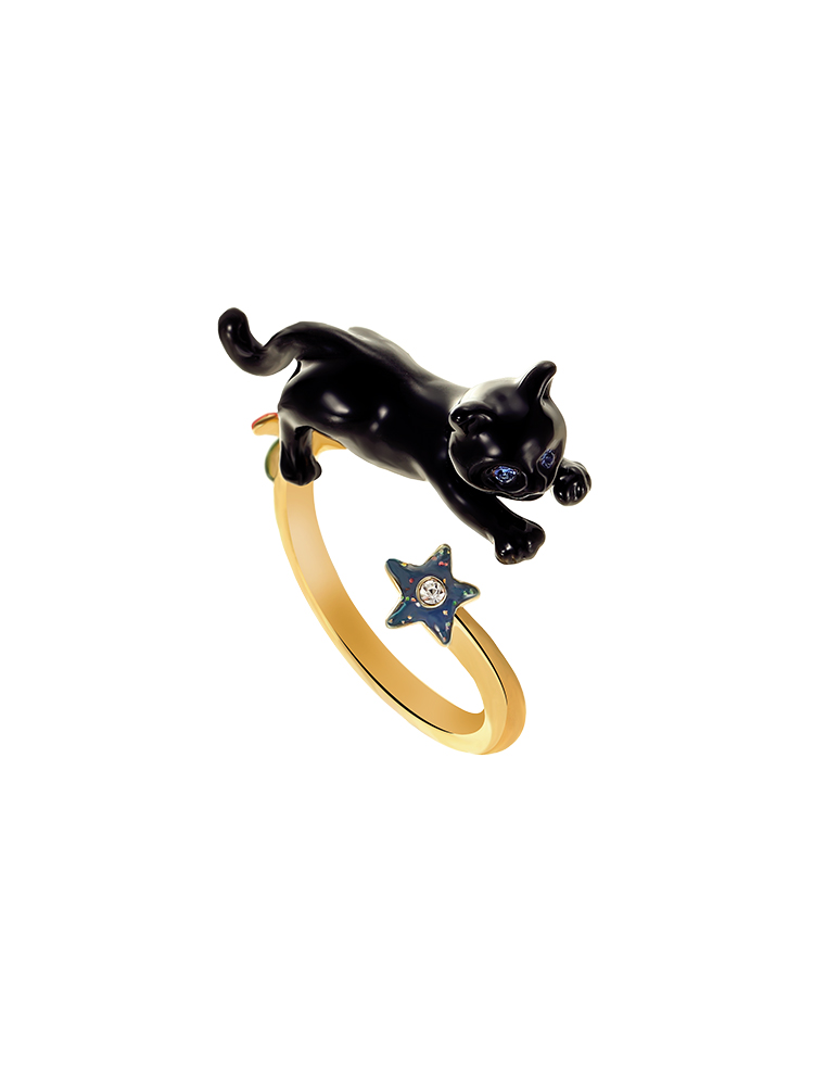 Black Cat Kitty Kitten And Star Enamel Adjustable Ring