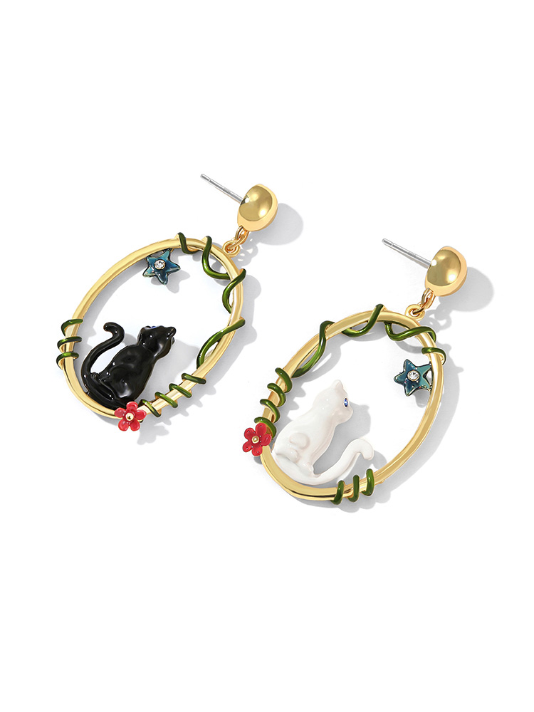 Pink Green Flower Asymmetrical Enamel Hook Earrings Jewelry Gift