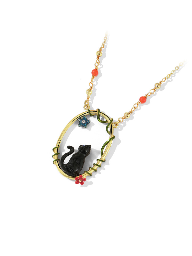 Black Cat Kitty Kitten Enamel Pendant Necklace Jewelry Gift