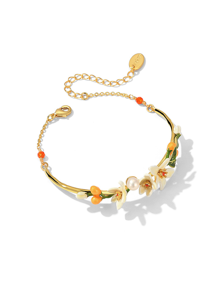 Orange Blossom Flower Kumquat Pearl Enamel Bracelet Jewelry Gift