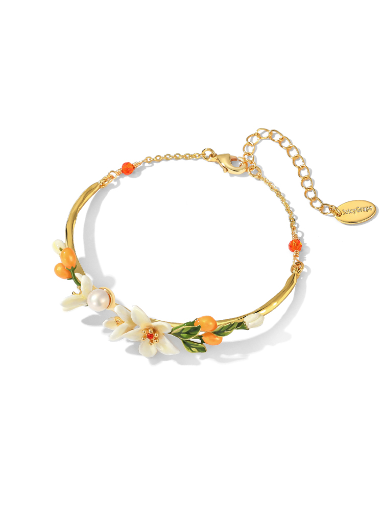 Orange Blossom Flower Kumquat Pearl Enamel Bracelet Jewelry Gift