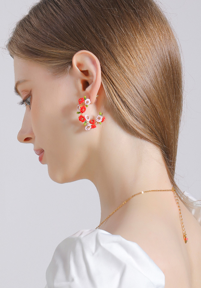 Pink Red Flower C Shape Enamel Stud Earrings Jewelry Gift