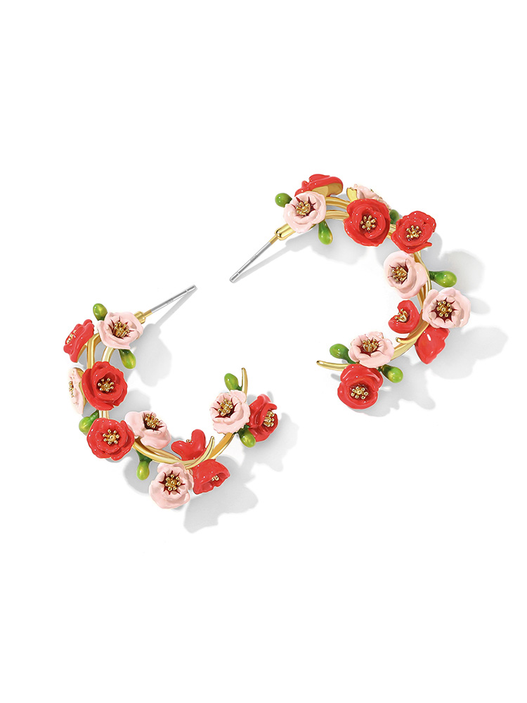 Pink Red Flower C Shape Enamel Stud Earrings Jewelry Gift