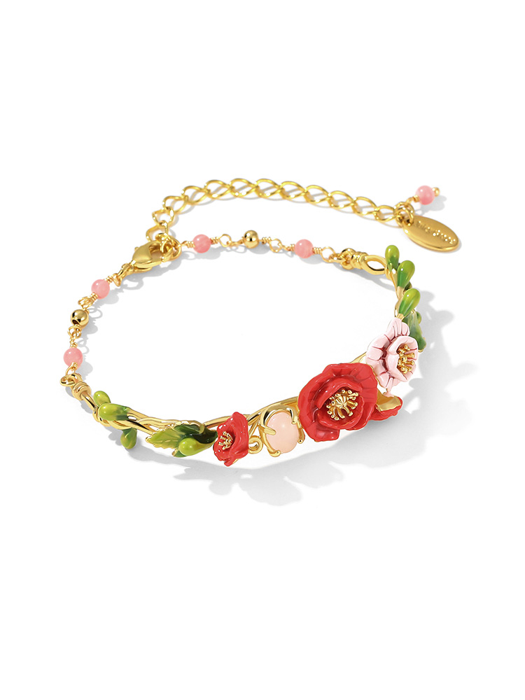 Pink Red Flower And Stone Enamel Cuff Bangle Bracelet