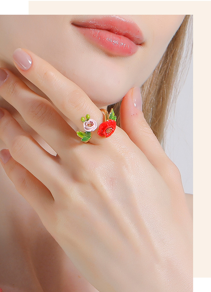 Pink Red Flower Enamel Adjustable Ring Jewelry Gift