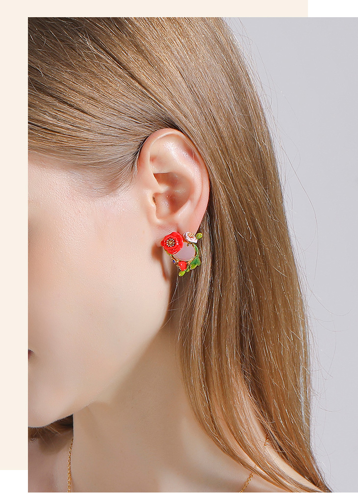 Pink Red Flower And Stone Crystal Enamel Stud Earrings
