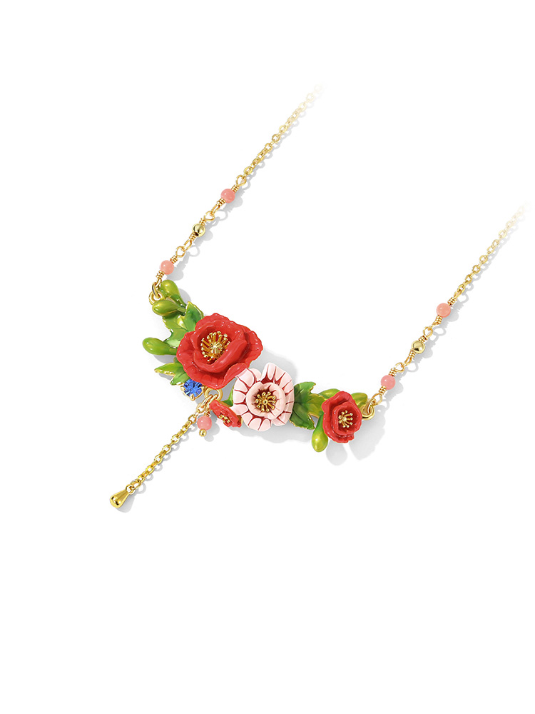 Pink Red Flower And Stone Enamel Pendant Necklace Jewelry Gift
