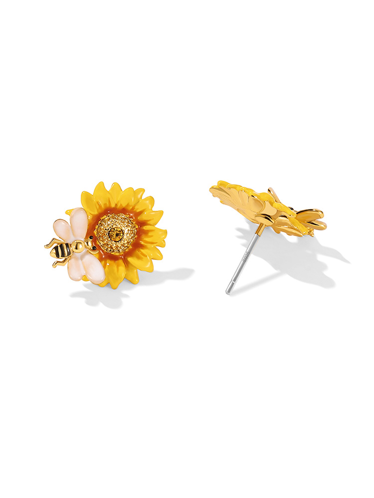 Yellow Sunflower And Bee Enamel Stud Earrings Jewelry Gift
