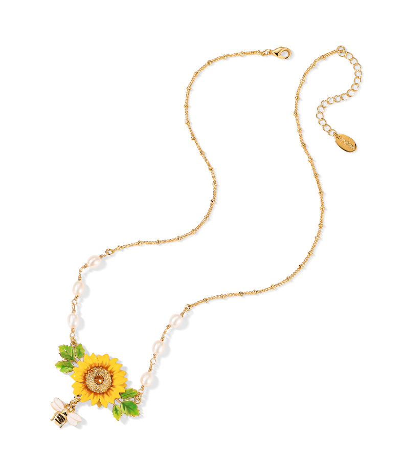 Yellow Sunflower And Bee Pearl Enamel Pendant Necklace Jewelry Gift