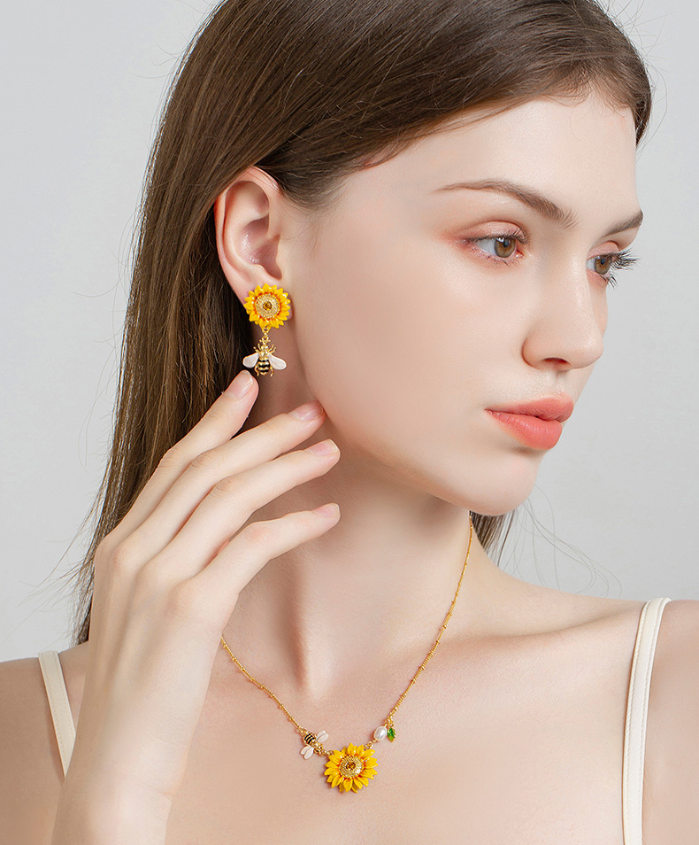 Yellow Sunflower And Bee Crystal Enamel Dangle Earrings