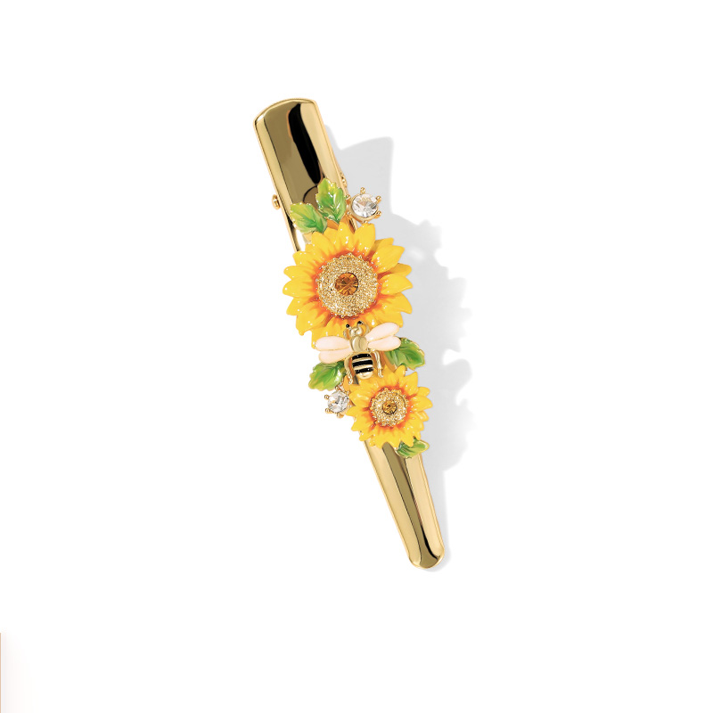 Yellow Sunflower And Bee Crystal Enamel Hair Pin