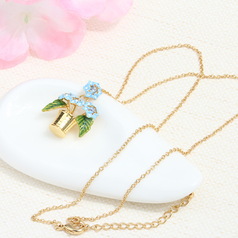 Blue Flower And Crystal Enamel Pendant Necklace Jewelry Gift