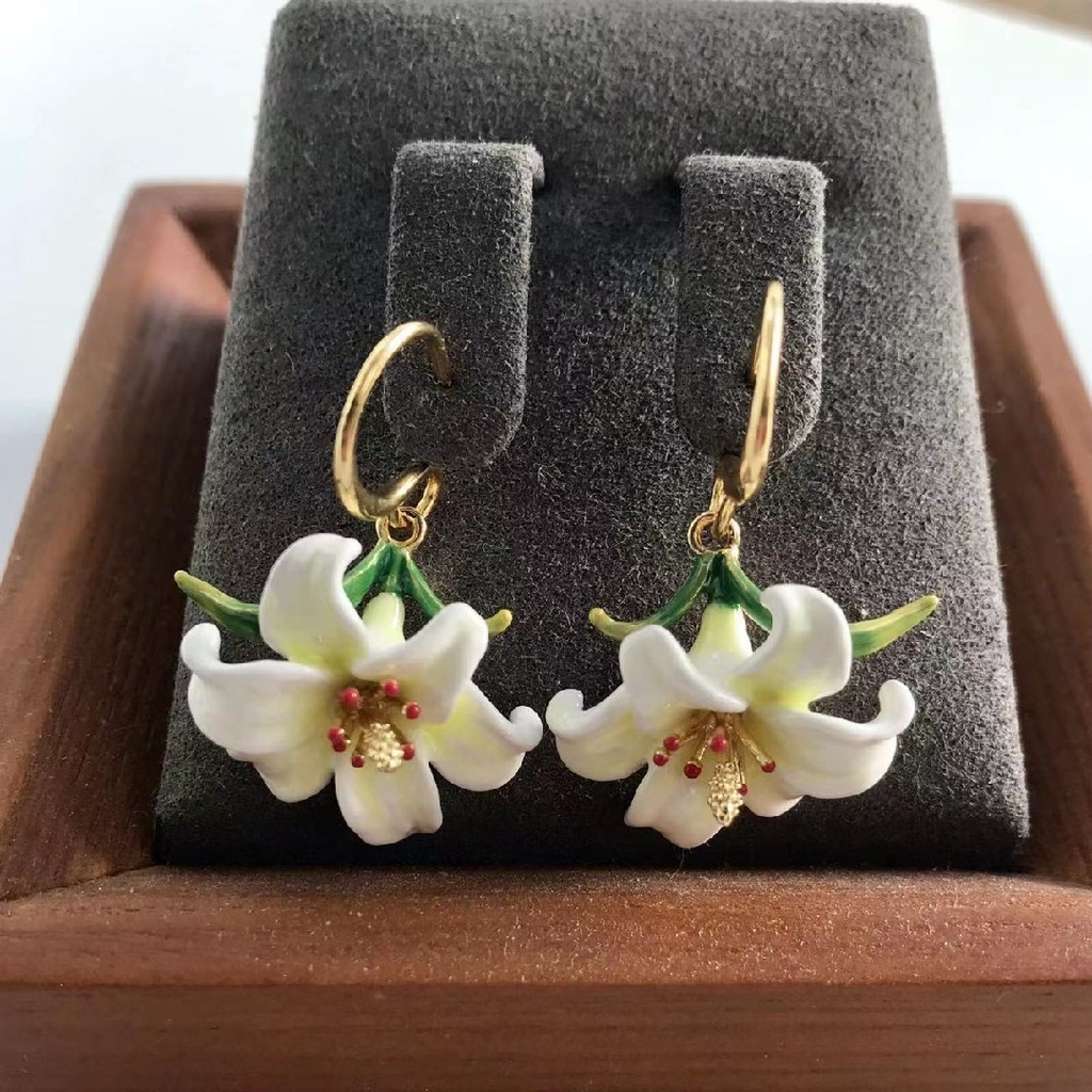 Lily White Flower And Pearl Enamel Stud Hook Earrings Jewelry Gift