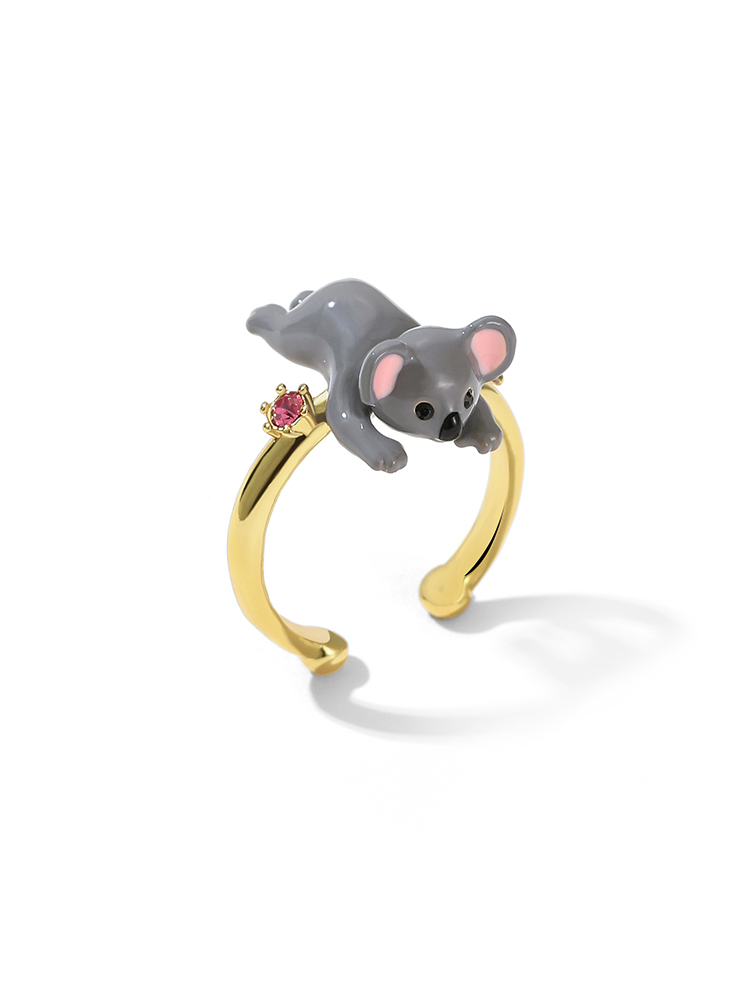 Koala And Green Leaf Enamel Adjustable Ring Jewelry Gift