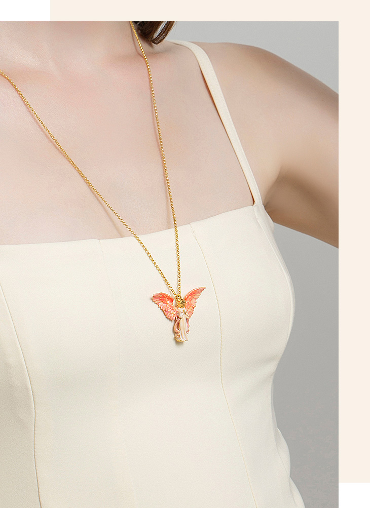Angle Fariy With Pink Wing Enamel Pendant Necklace Jewelry Gift