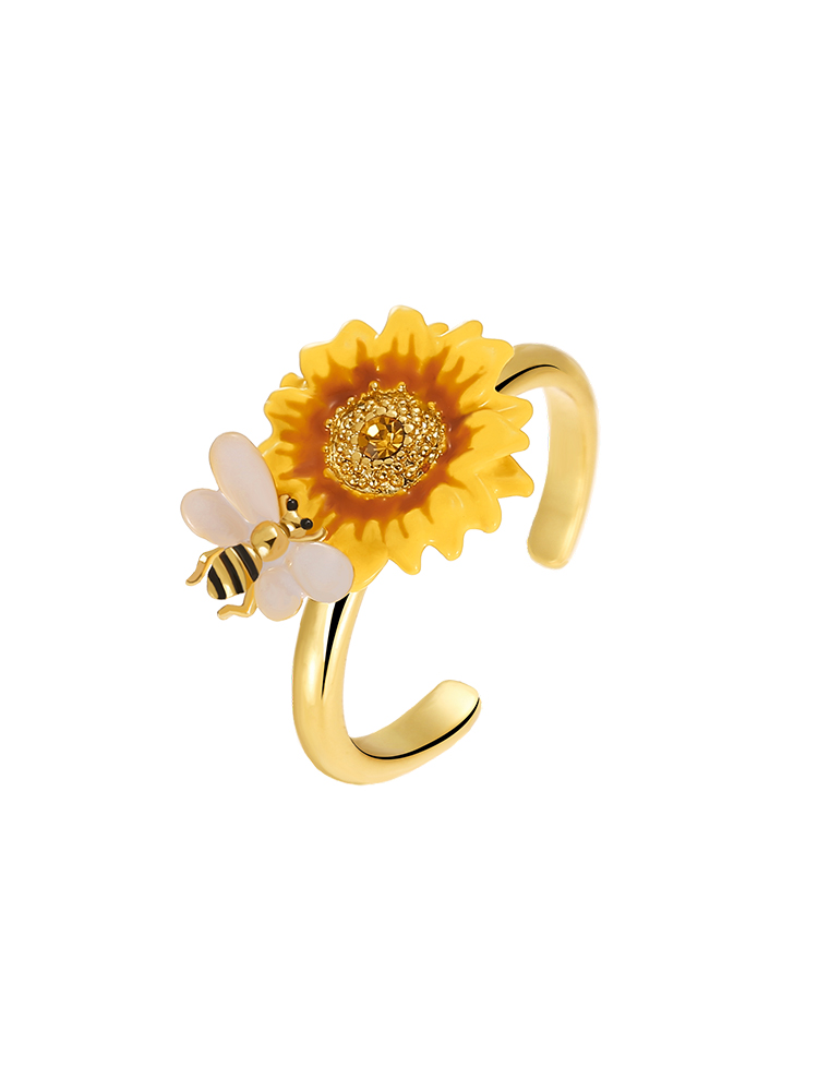 Yellow Sunflower Bee Enamel Adjustable Ring Jewelry Gift