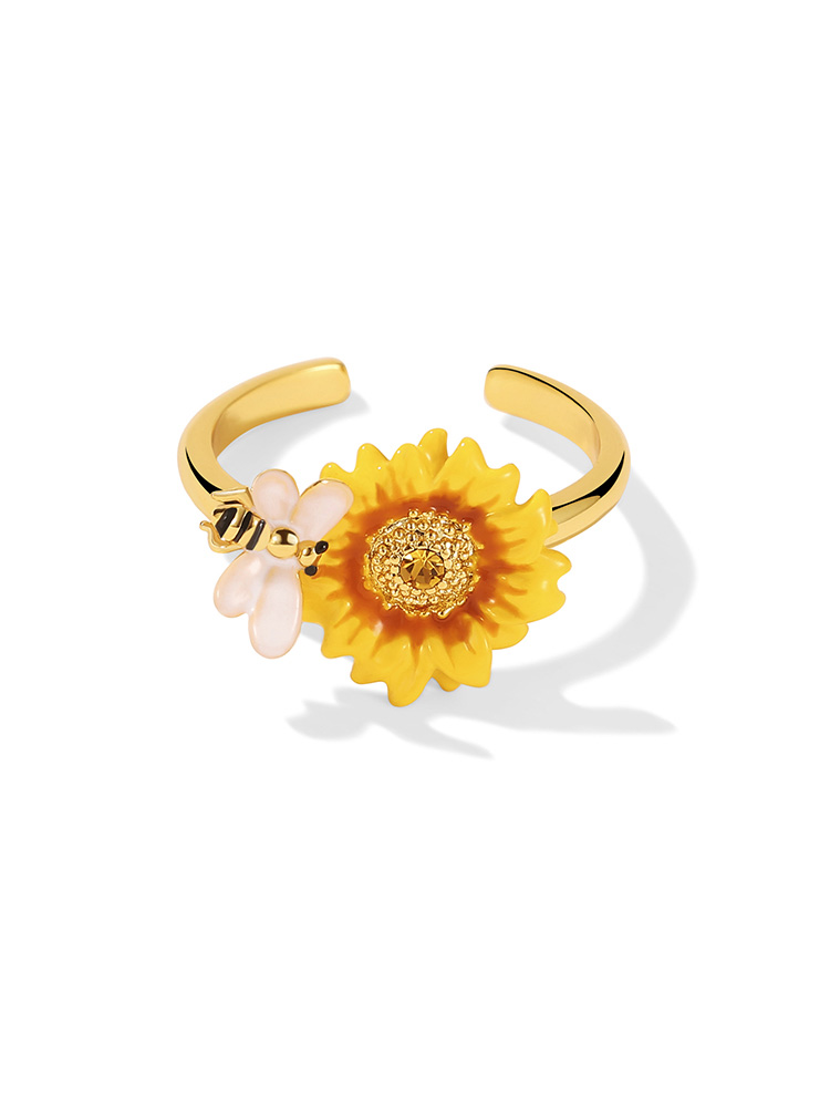 Yellow Sunflower Bee Enamel Adjustable Ring Jewelry Gift