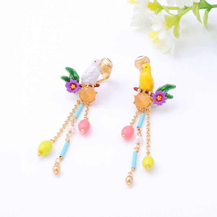 Bird Beads Long Tassel Enamel Earrings Jewelry Stud Clip Earrings