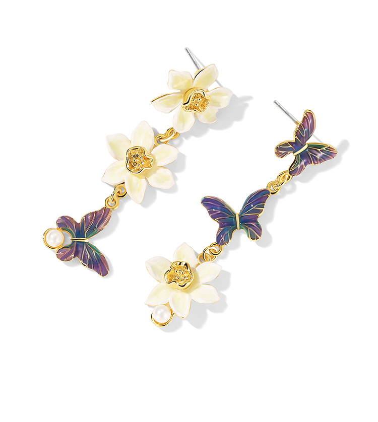 Butterfly Flower And Pearl Asymmetrical Enamel Dangle Earrings Jewelry Gift