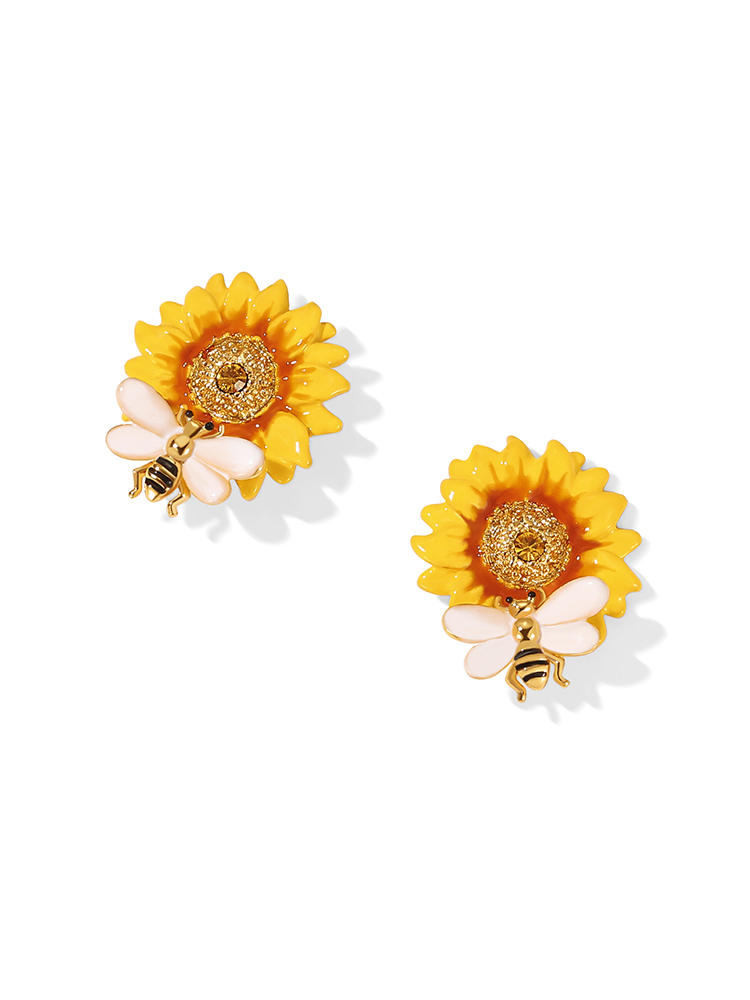 Yellow Sunflower And Bee Enamel Stud Earrings Jewelry Gift