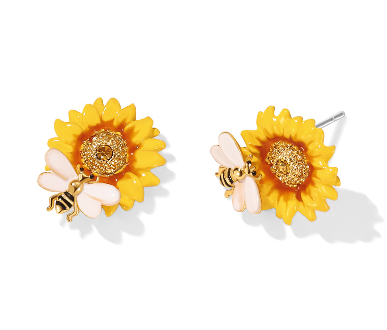 Yellow Sunflower And Bee Enamel Stud Earrings Jewelry Gift
