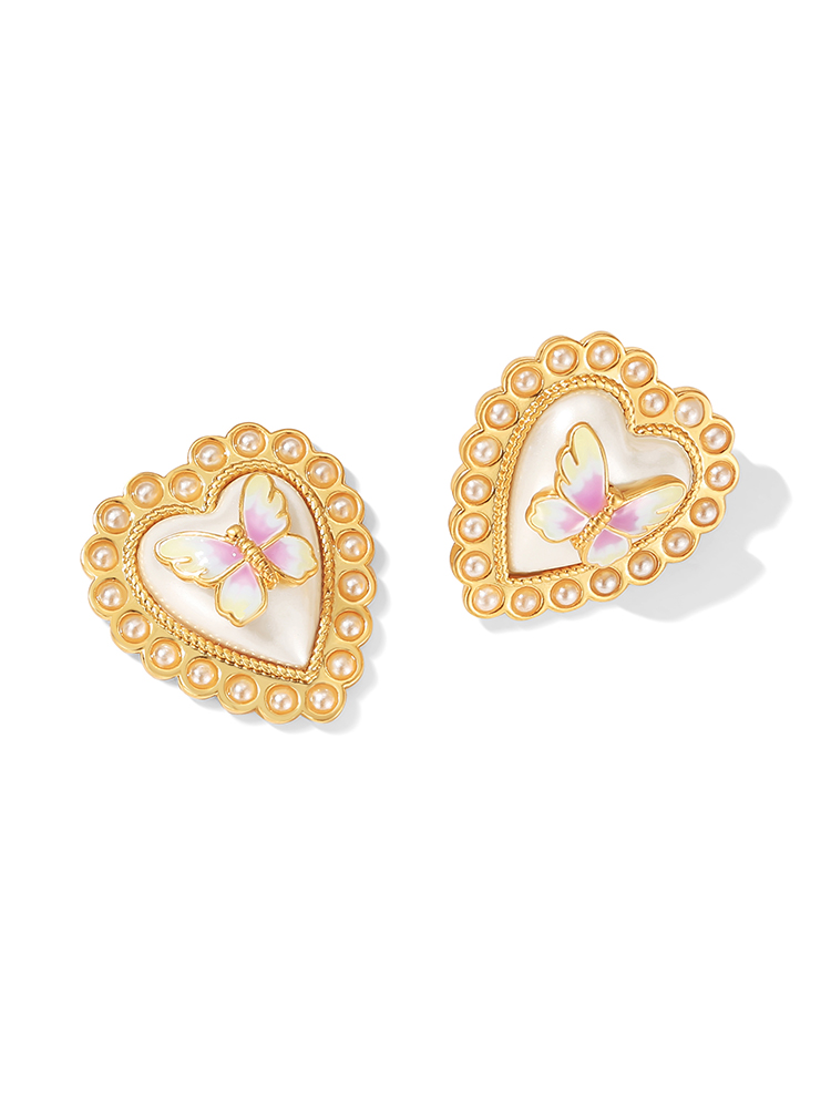 Butterfly Heart Pearl Enamel Stud Earrings