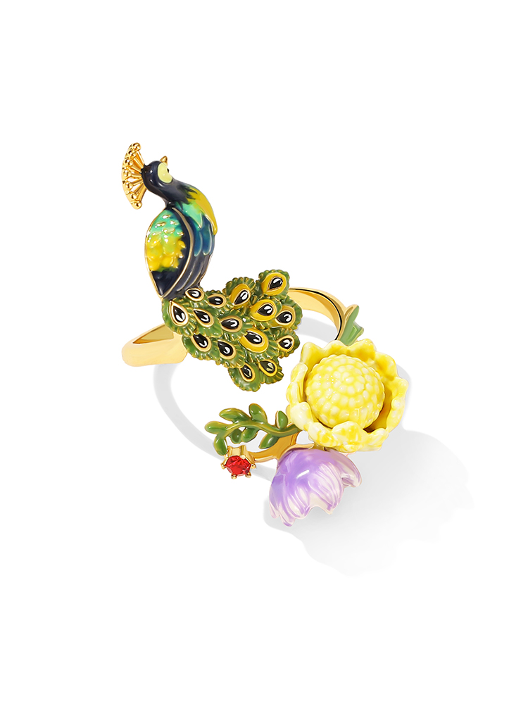 Flower and Peacock Enamel Adjustable Ring