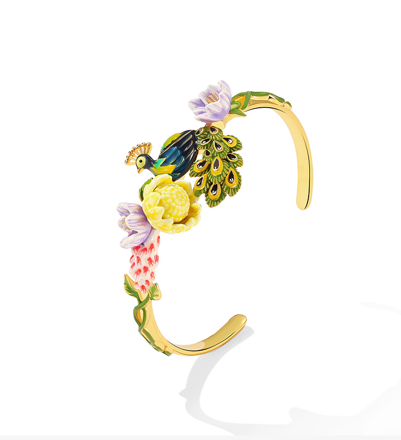Peacock and Flower Enamel Cuff Bracelet Jewelry Gift