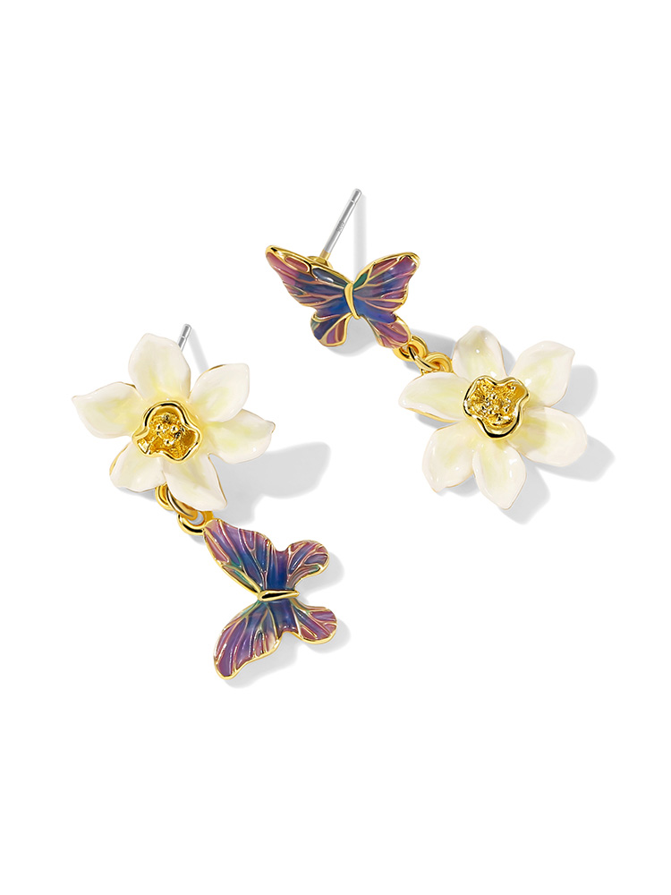 Flower And Butterfly Asymmetrical Enamel Dangle Earrings Jewelry Gift