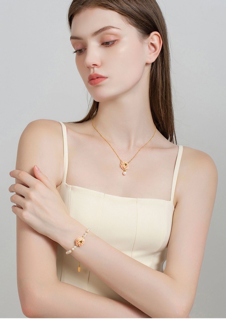 Cherry Blossom Flower Pearl Enamel Charm Bracelet Jewelry Gift