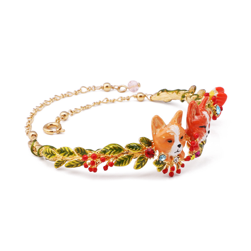 Enamel Glazed Fox Green Leaves Zircon Crystal Bracelet 14K Gold Plated