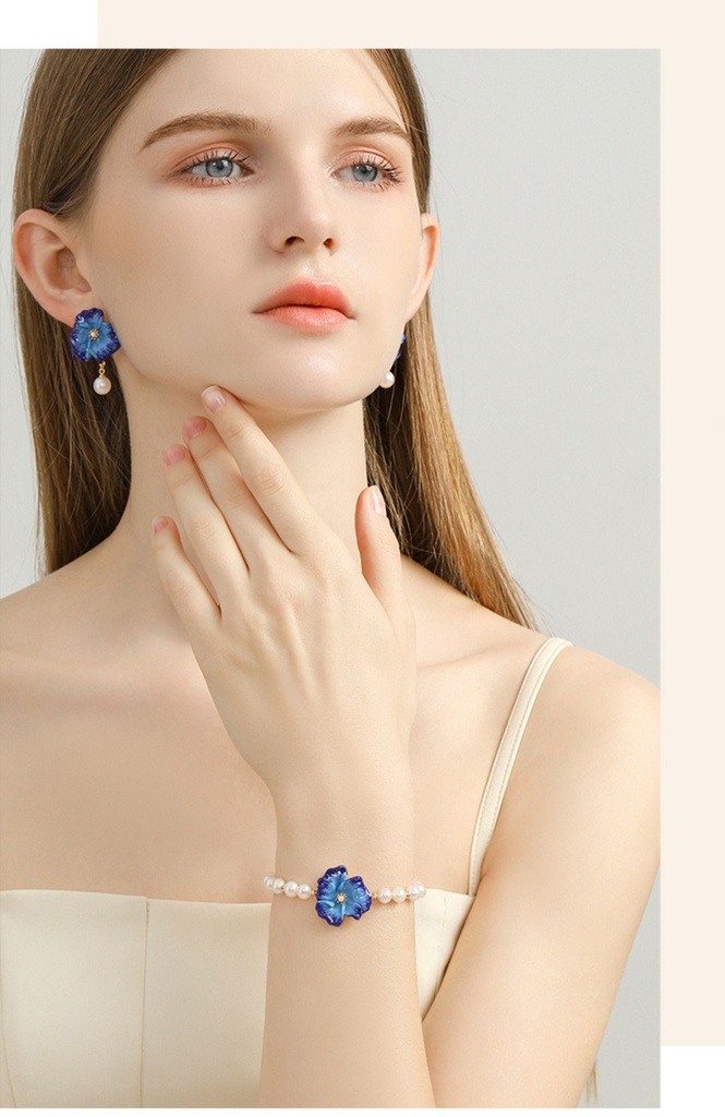 Blue Flower And Pearls Enamel Bracelet