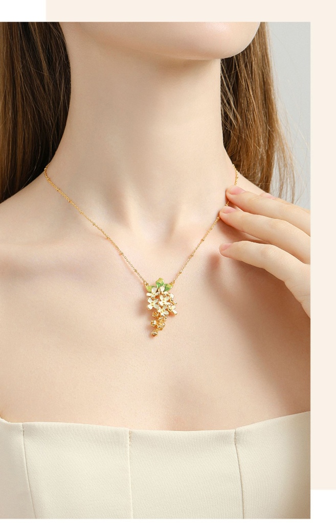 Flower And Green Leaf Enamel Pendant Necklace