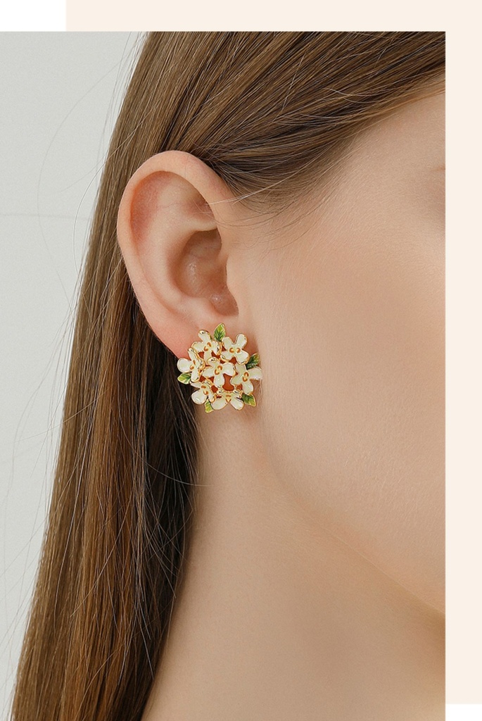 Flower And Green Leaf Enamel Stud Earrings