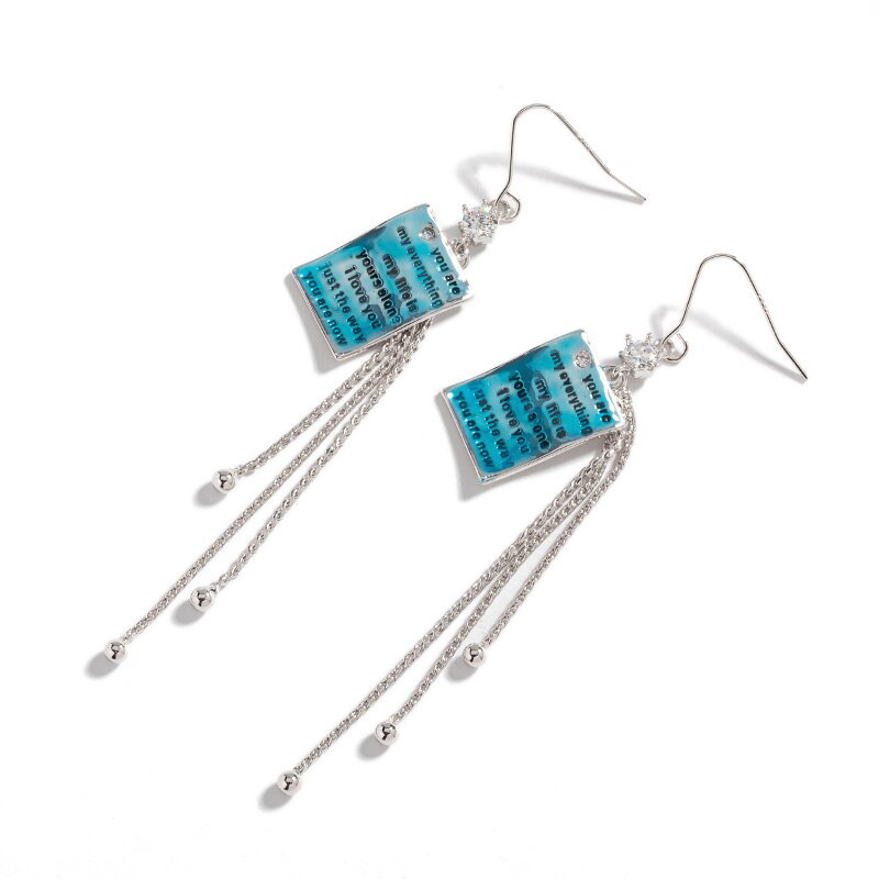 Enamel Glazed Crystal Rhinestone Letter Long Tassel Hook Earrings