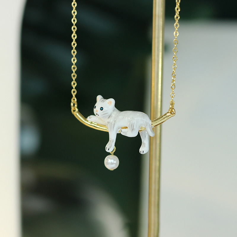 White Cat Kitty Kitten With Pearl Enamel Pendant Necklace