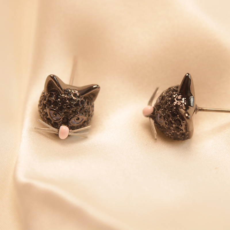 Black Cat With Pink Nose Metal Stud Earrings