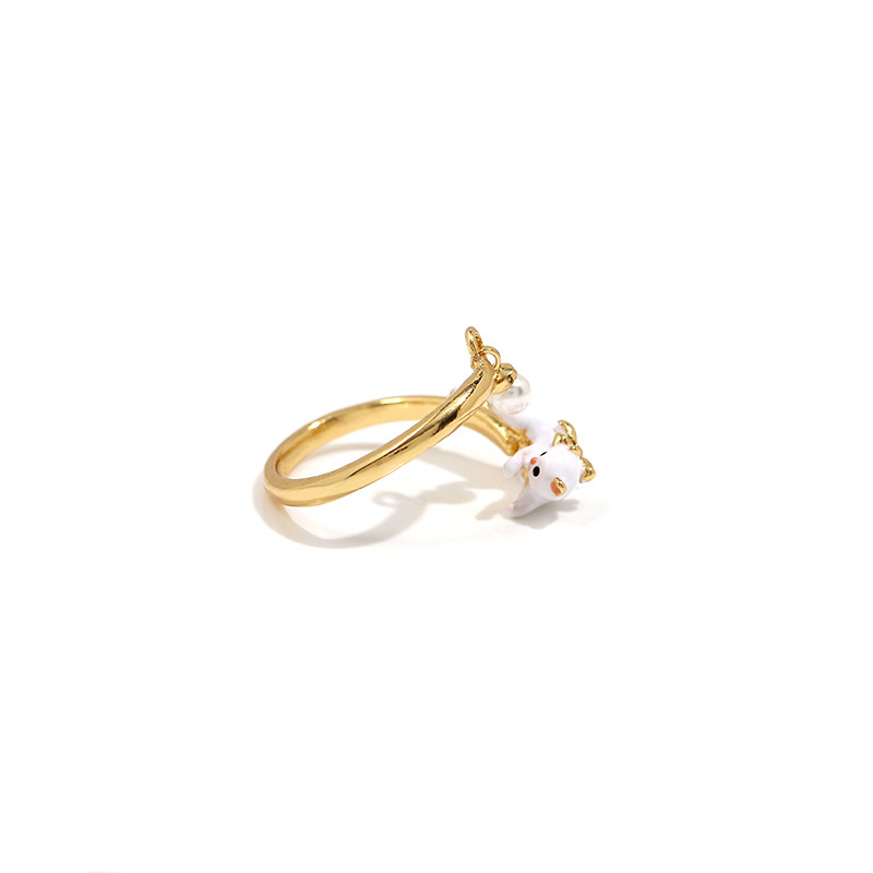White Cat Kitten Kitty And Pearl Enamel Adjustable Ring