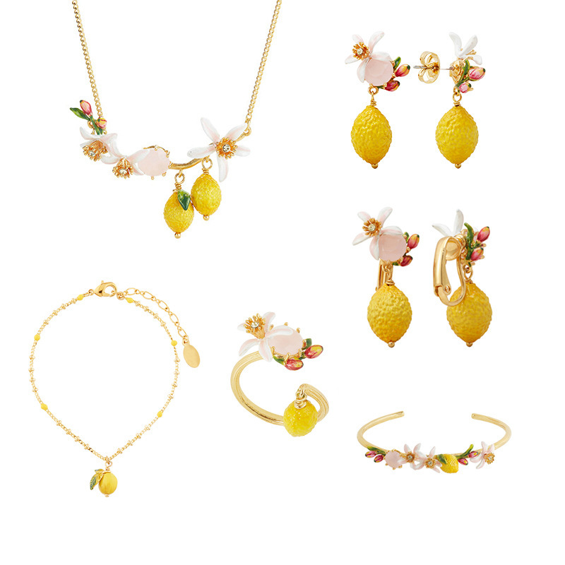 Lemon Flower Blossom And Stone Enamel Dangle Earrings