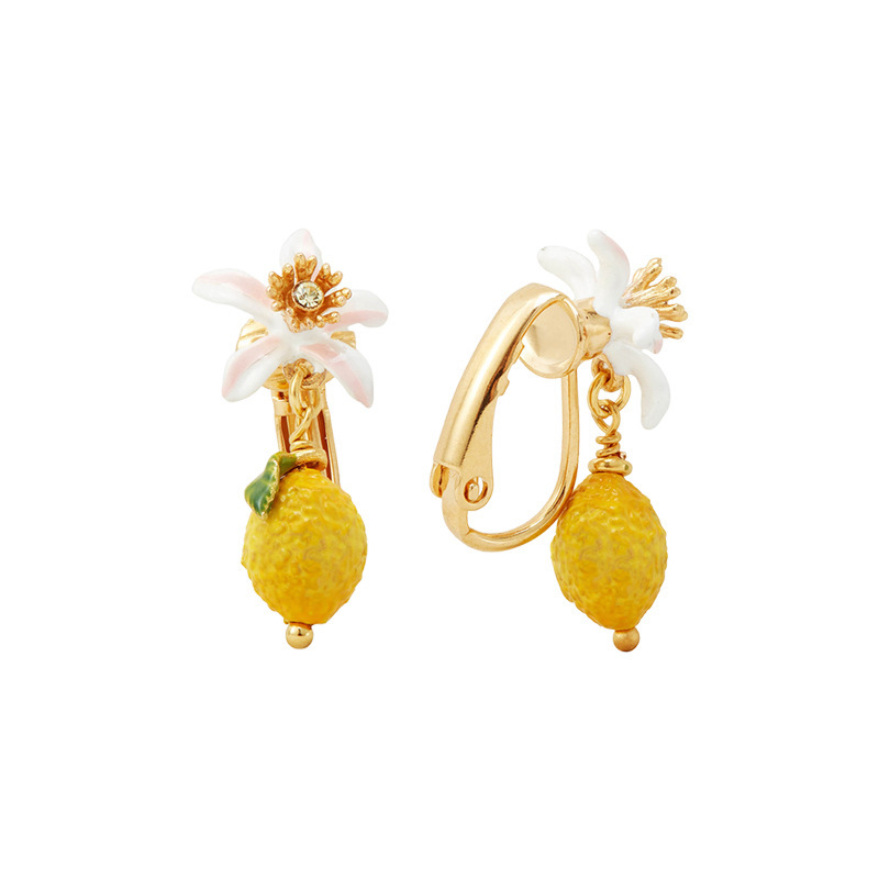 Lemon Flower Blossom And Crystal Enamel Dangle Earrings