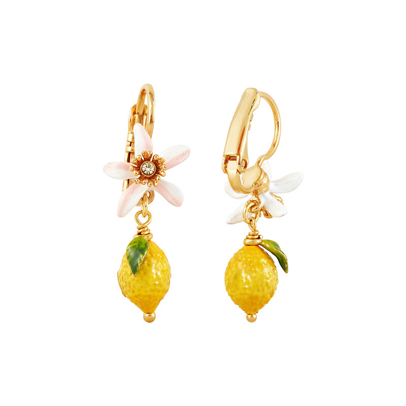 Lemon Flower Blossom And Crystal Enamel Dangle Earrings