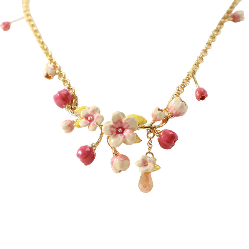 Peach Flower Blossom Branch Enamel Pendant Necklace