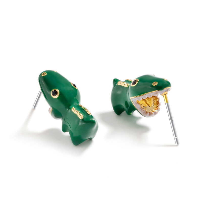 Enamel Glazed Cute Green Dinosaur Stud Earrings 925 Silver Needle