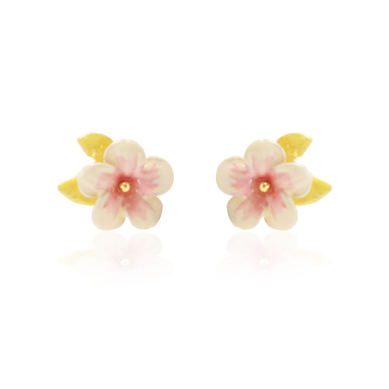 Peach Flower Blossom Branch Enamel Stud Earrings