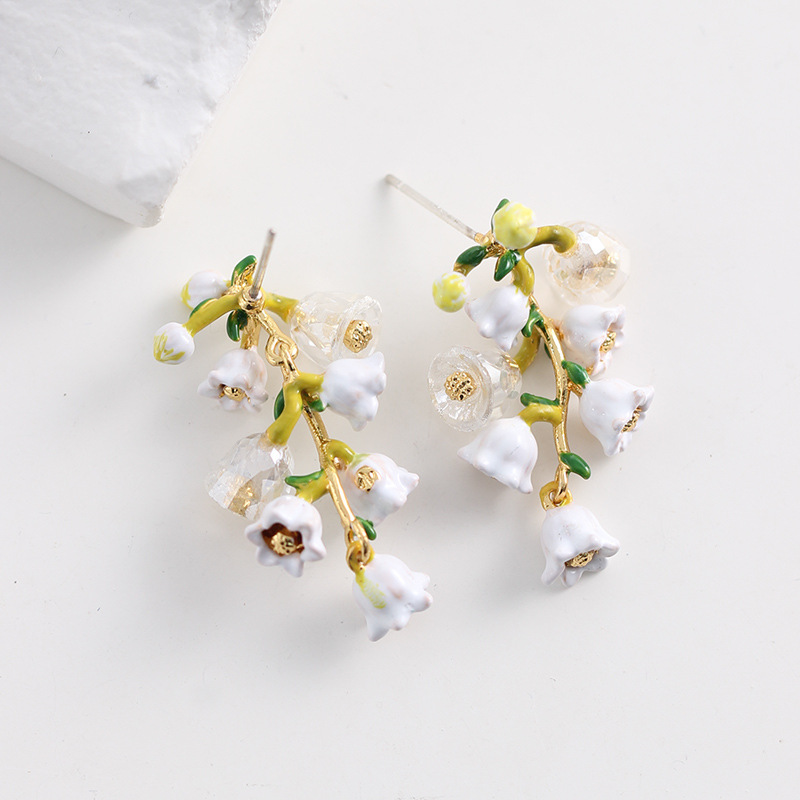 Lily of the Valley White Flower Blossom Enamel Dangle Earrings