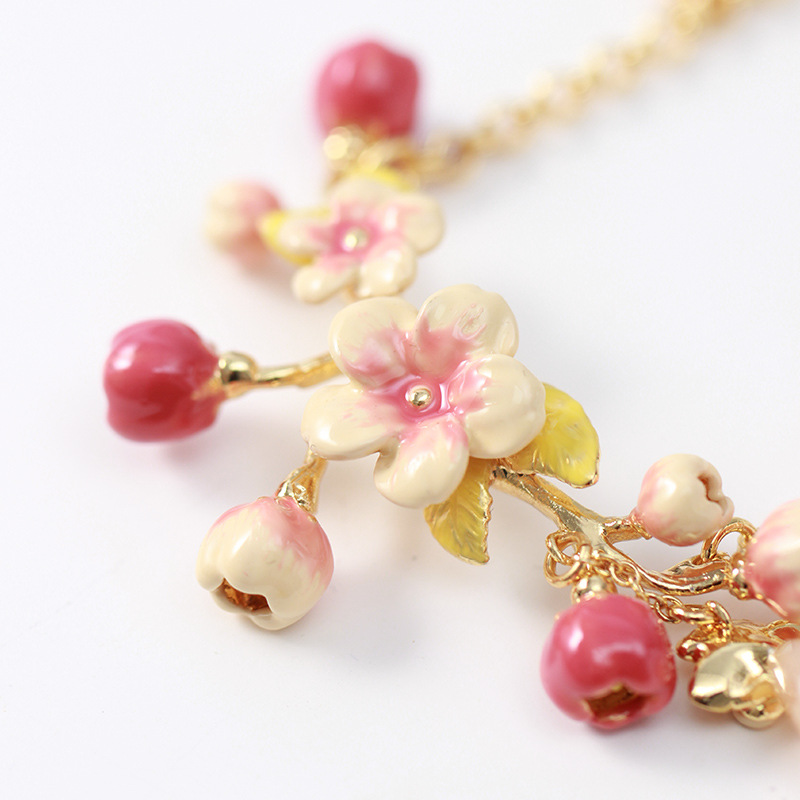 Peach Flower Blossom Branch Enamel Pendant Necklace