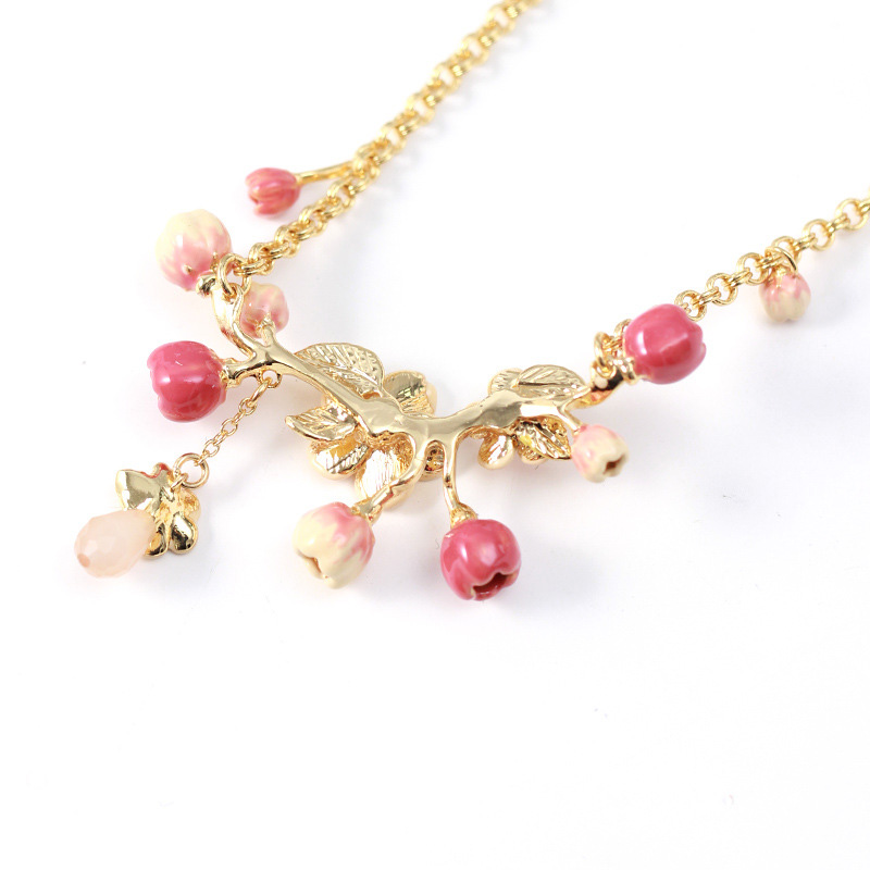 Peach Flower Blossom Branch Enamel Pendant Necklace