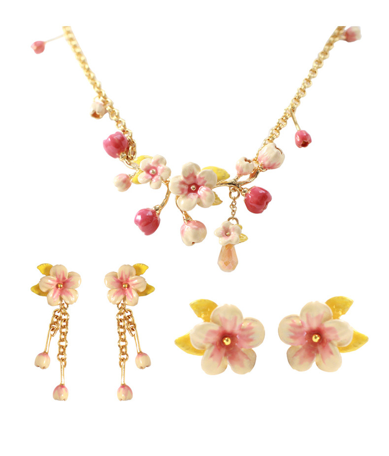 Peach Flower Blossom Branch Enamel Pendant Necklace