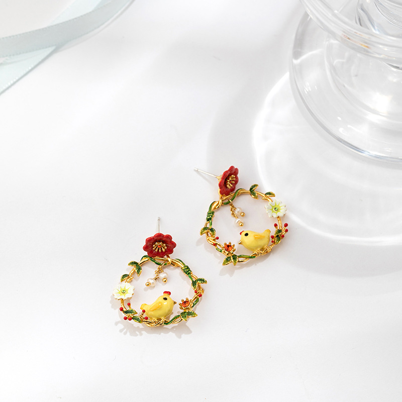 Cute Yellow Chicken Enamel Earrings Chick Flower Jewelry Clip/Stud Earrings